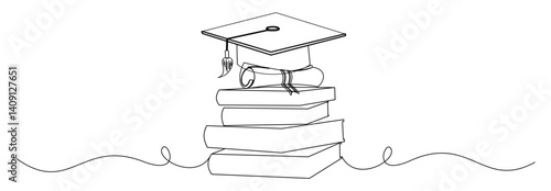 Vector line art of books and graduation supplies as knowledge for the future