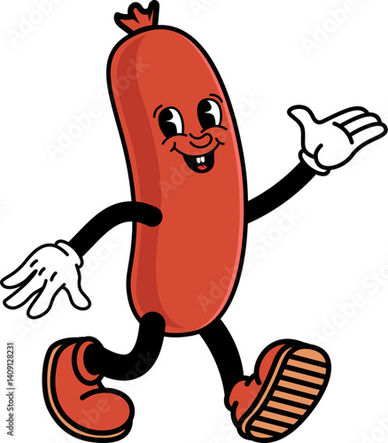 Cheerful cartoon sausage character walking with a big smile, waving hand. Retro vintage mascot style with gloves and sneakers. Bold lines, bright colors. Vector illustration for food or kids designs.