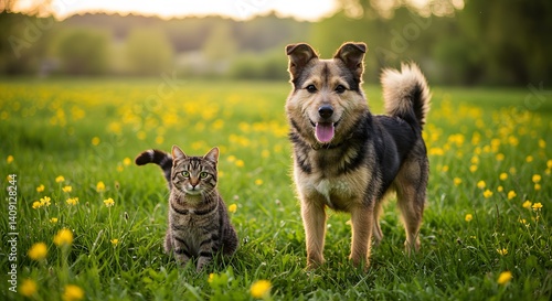 ai image featuring a tabby cat sitting and a happy dog standing together in a lush green meadow dotted with yellow flowers.
