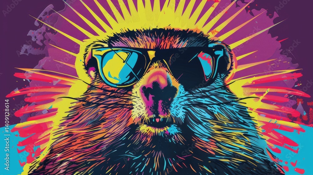 Naklejka premium a cool and colorful tshirt design of a groundhog with sunglasses, pop art style