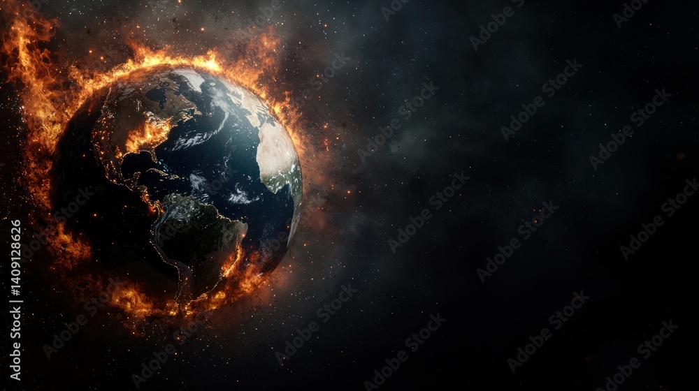 Burning Earth in Space, Global Catastrophe, Cosmic Flames Burning Earth in Space, Global Catastrophe, Cosmic Flames