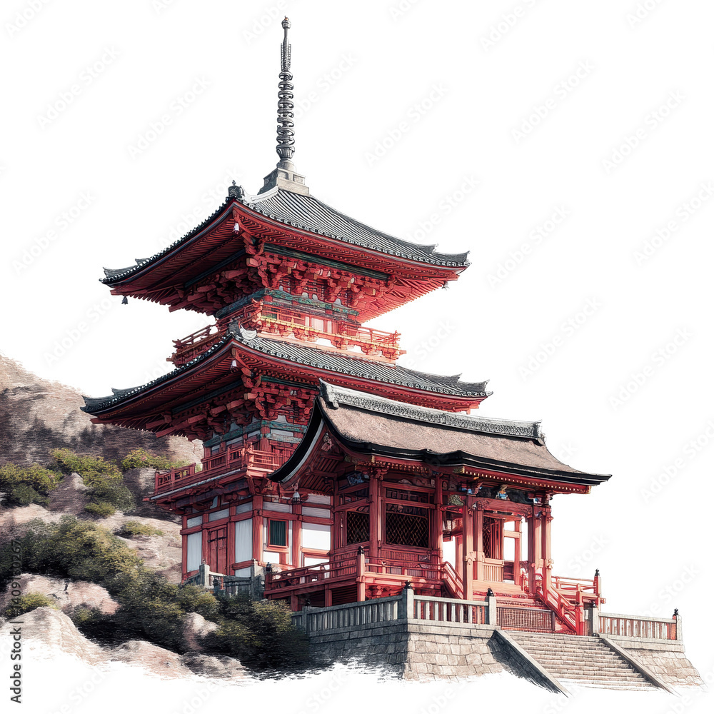 Red Japanese Pagoda on Mountain Red Japanese Pagoda on Mountain