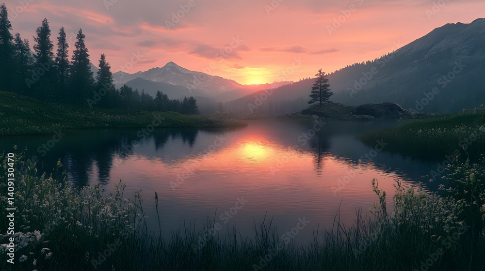Fototapeta premium Sunset over a lake in the mountains. Beautiful summer landscape.