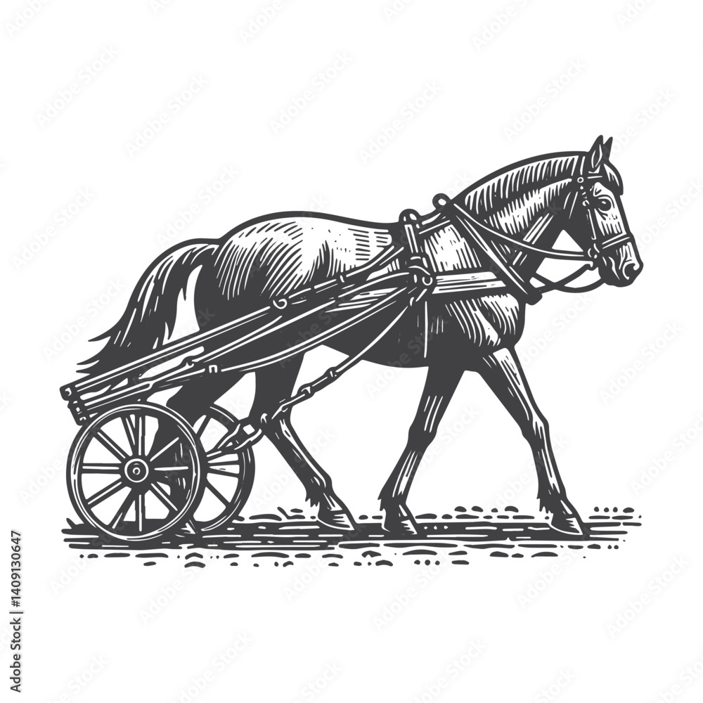 Fototapeta premium Simple Horse Pulling Wheel Vector Icon Design – Vintage Retro Logo & Illustration