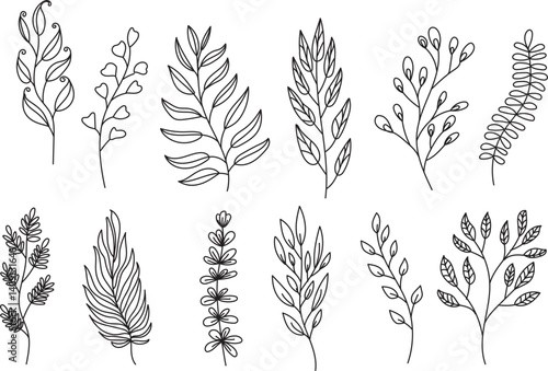 Summer Tropical Leaves Vector Outline for Textile Design | Palm, Monstera, Banana Leaf Line Art | Seamless, Scalable Pattern for Fabrics, Apparel, Home Decor & Summer-Themed Prints