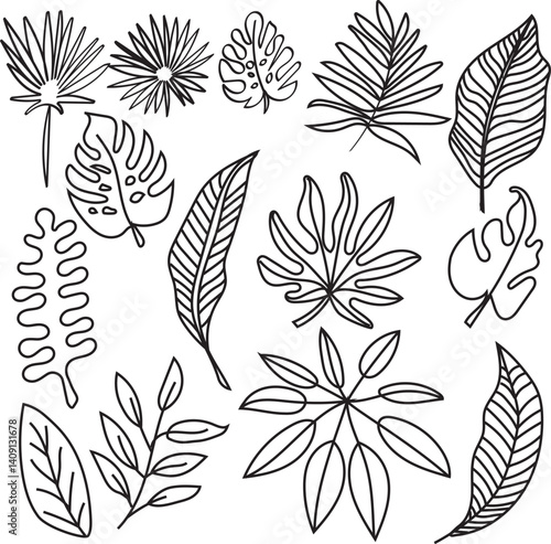 Summer Leaves, tropical leaf pattern, black and white vector 