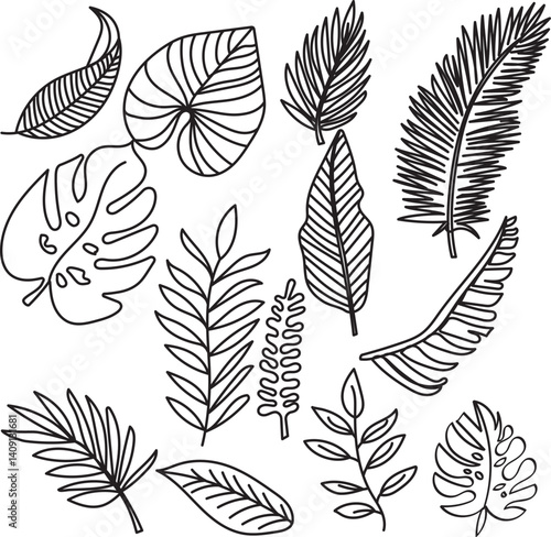 Summer tropical leaves vector outline featuring clean, editable line art—perfect for prints, logos, and creative designs.