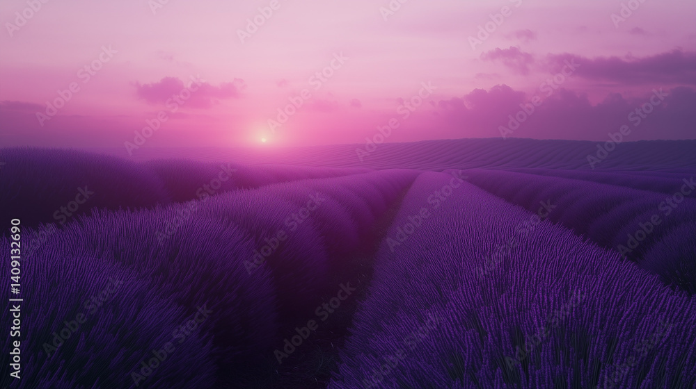 Fototapeta premium Romantic lavender fields at sunset, gentle purple waves stretching into the horizon 