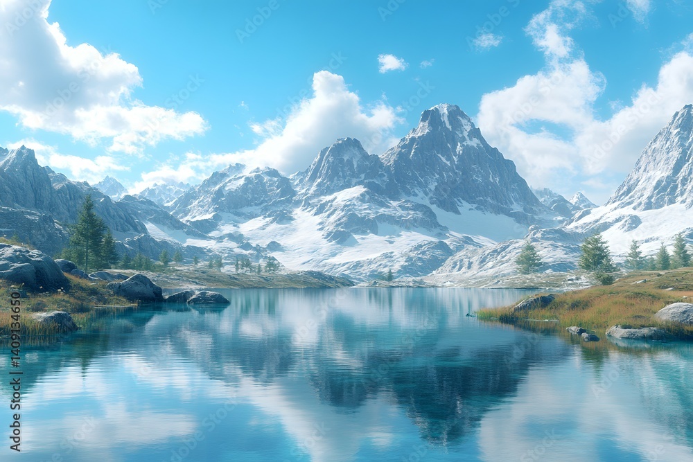 Fototapeta premium Mountain lake with reflection of the snow capped peaks.