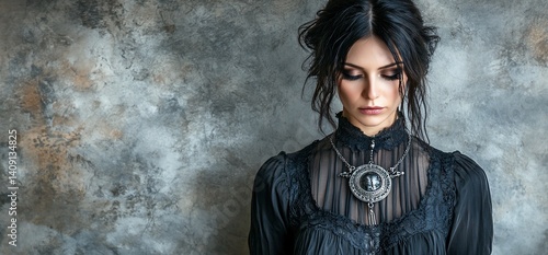 Woman gazes down in studio with grunge backdrop for dark elegance projects © lona