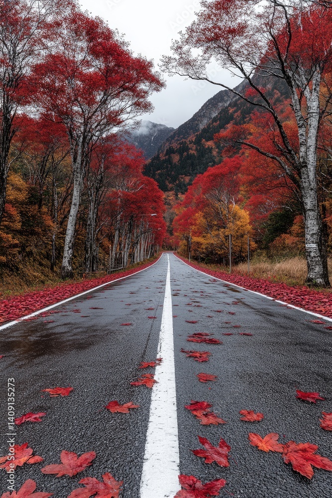 A scenic highway rises gently, flanked by vibrant red maple trees with scattered leaves, illuminated by warm sunlight