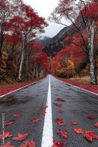 Obraz na płótnie A scenic highway rises gently, flanked by vibrant red maple trees with scattered leaves, illuminated by warm sunlight w salonie