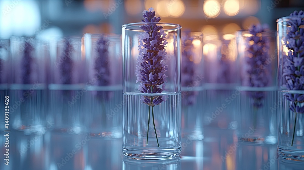 Laboratory test tubes and flasks are arranged with a lavender stem in one, illuminated softly against a white background