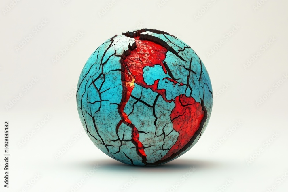 A cracked, fragmented Earth globe, revealing a fiery interior; symbolizing environmental crisis and global warming. A cracked, fragmented Earth globe, revealing a fiery interior; symbolizing environmental crisis and global warming.
