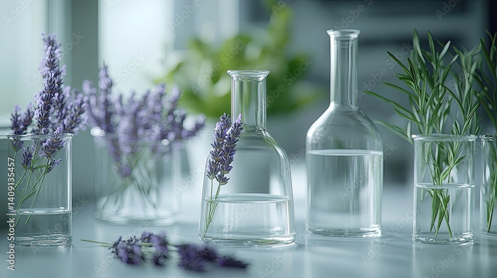 Translucent test tubes and flasks hold fresh lavender, creating a serene laboratory environment with soft lighting effects