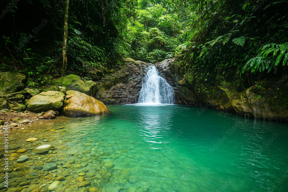 Naklejka premium A dense rainforest with a hidden waterfall cascading into a clear turquoise pool, surrounded by lush green foliage