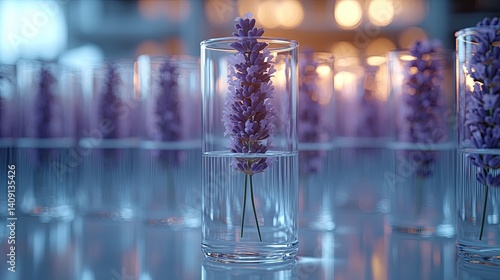 Obraz na płótnie Laboratory test tubes and flasks are arranged with a lavender stem in one, illuminated softly against a white background w salonie