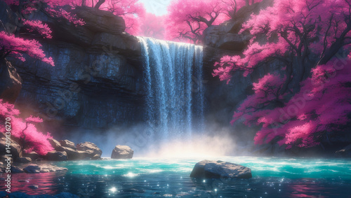 Wallpaper Mural Small waterfall with pink cherry blossom trees. waterfall with crystal stones around it generate ai Torontodigital.ca