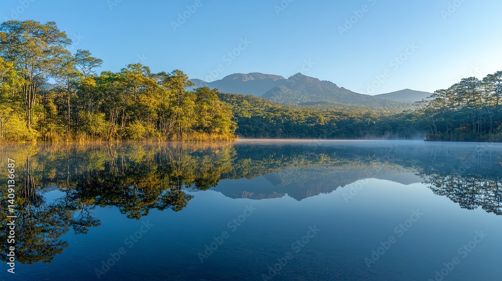Dreamlike lake view with forest and mountain reflection under clear blue sky, sunrise glow, eye-level angle, crisp and cinematic look Dreamlike lake view with forest and mountain reflection under clear blue sky, sunrise glow, eye-level angle, crisp and cinematic look