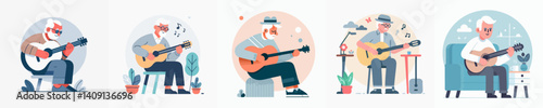 vector set of grandfather playing guitar