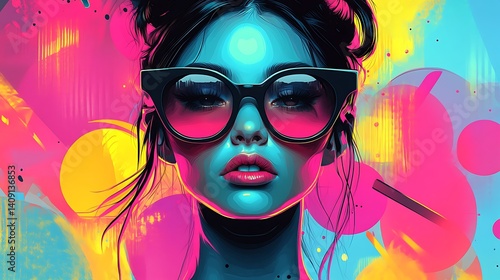 Woman wearing glasses with abstract shapes in colorful background, for art or fashion