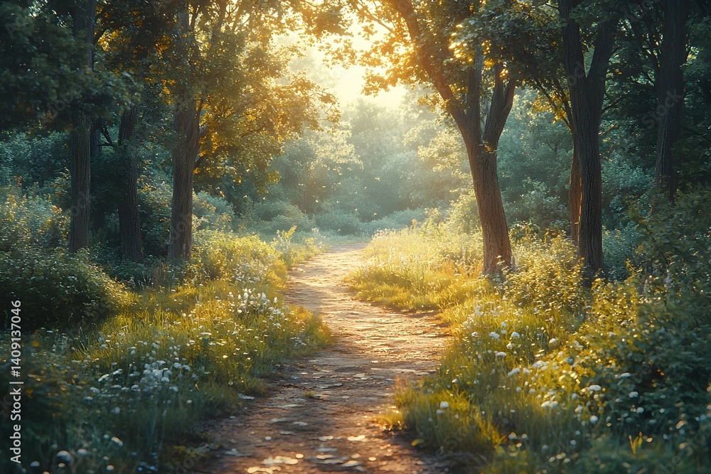 Obraz premium Sunlight in the green forest with path and sunbeams.