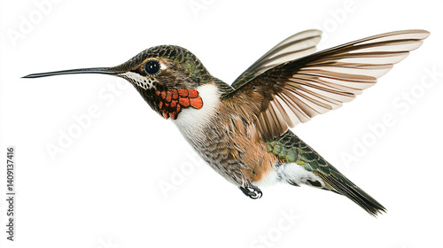 A vibrant hummingbird in mid-flight, isolated on a pure white background, extremely detailed feathers, natural lighting, professional wildlife photography style, high-resolution macro shot, shallow de