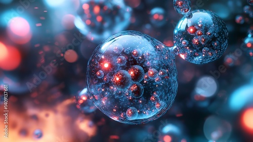 Fototapeta Naklejka Na Ścianę i Meble -  Abstract blue red glowing bubbles molecular structure science background 3d art cell dark atoms space