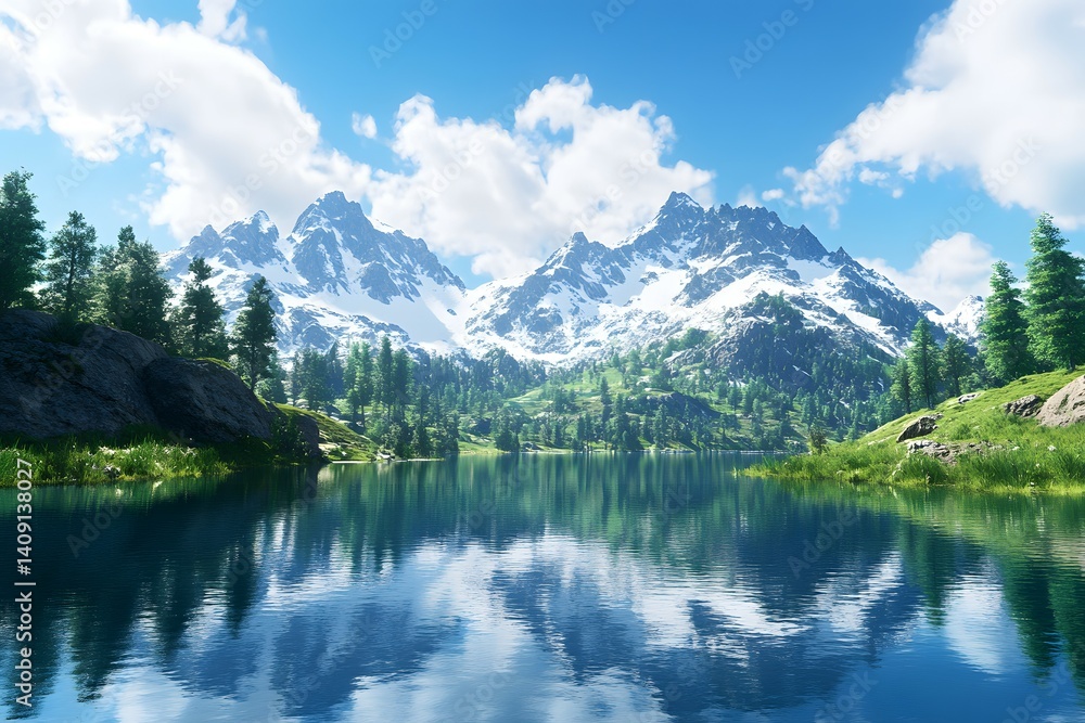 Fototapeta premium Beautiful alpine lake with reflection of mountains in the water.