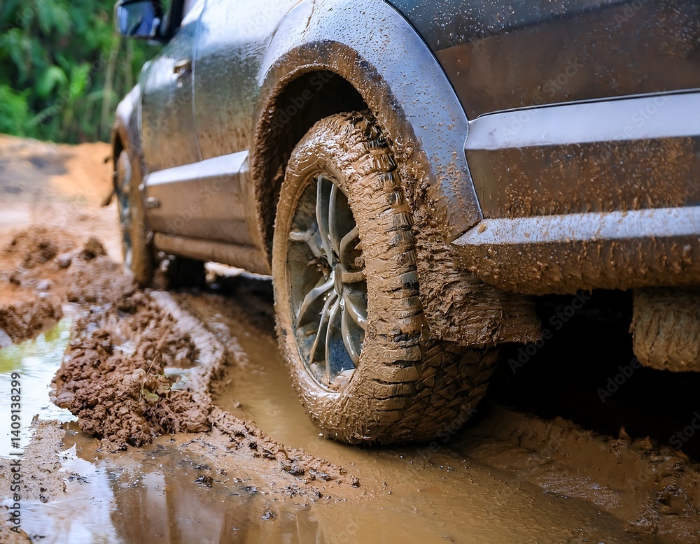 Naklejka premium Close-up of a vehicle's tire navigating through a muddy, off-road terrain, showing the wheel's details.