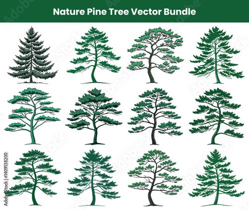 Pine Tree Set with Hand Drawn Style and White Background