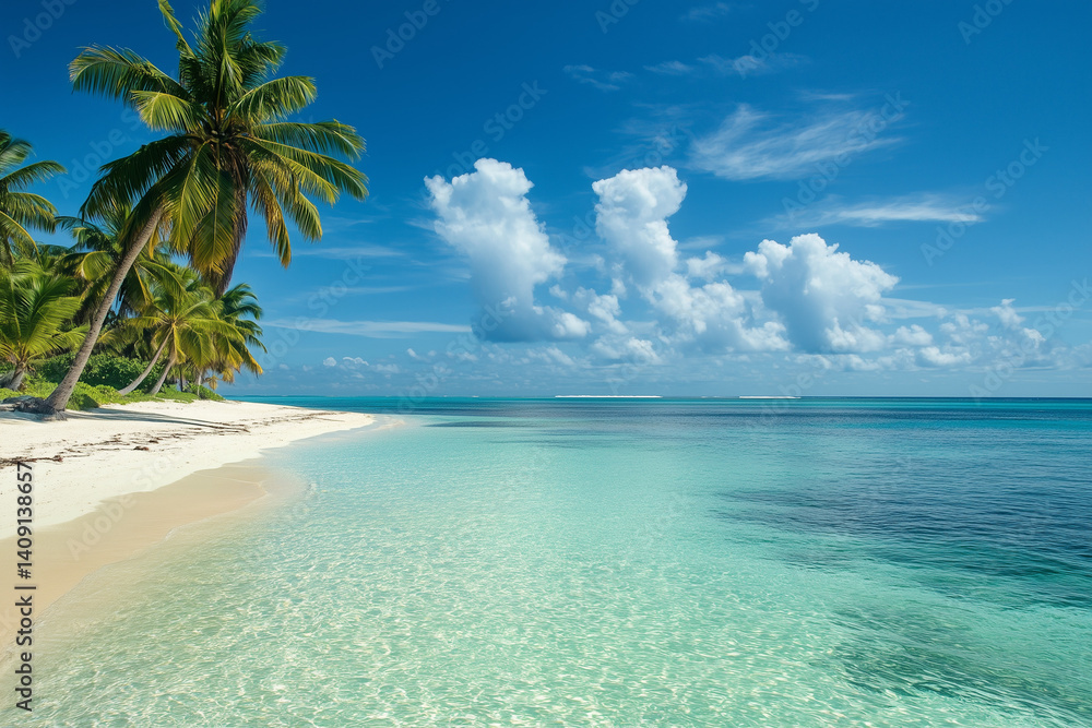 Naklejka premium : A tropical island paradise with clear blue waters, palm trees, and golden sandy beaches.