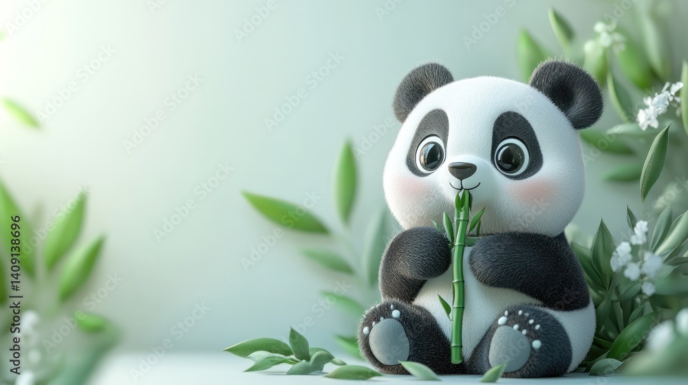 Adorable Panda Cub Enjoying Bamboo in Lush Greenery Adorable Panda Cub Enjoying Bamboo in Lush Greenery