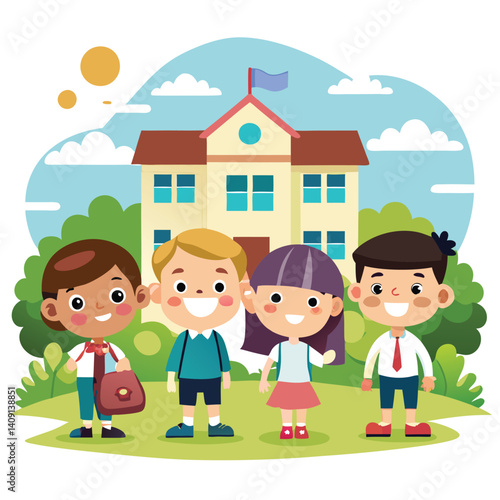 Happy children in front of a school building
