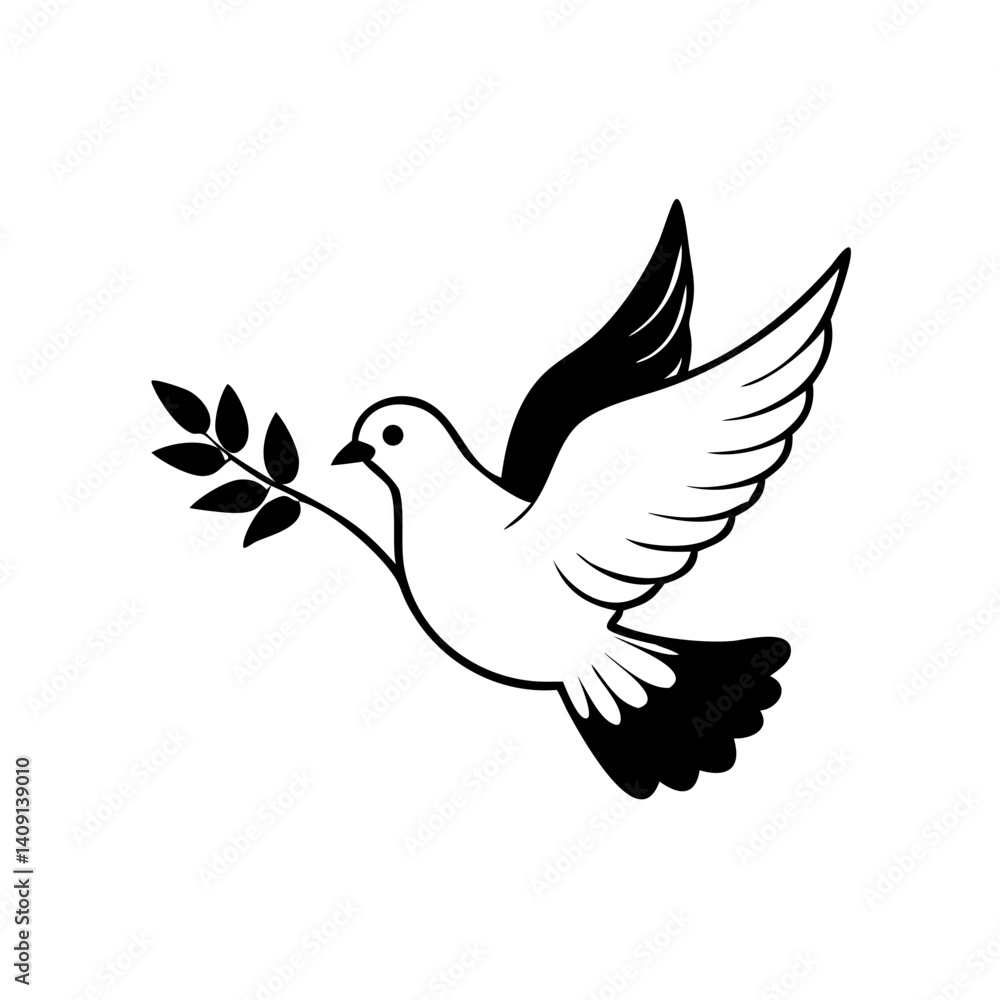 Obraz premium Flying dove with outstretched wings carrying olive branch