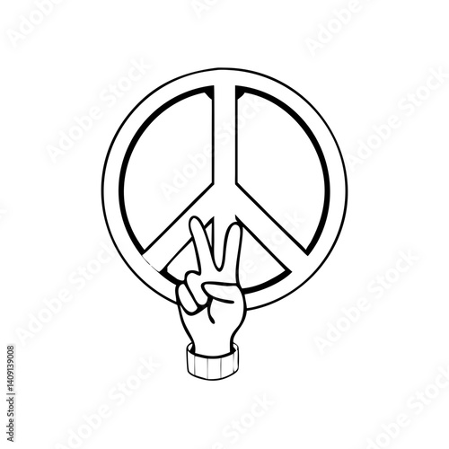 Peace hand sign with peace symbol in modern line style