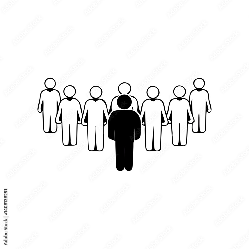 Person standing out from group of people in outline style Person standing out from group of people in outline style