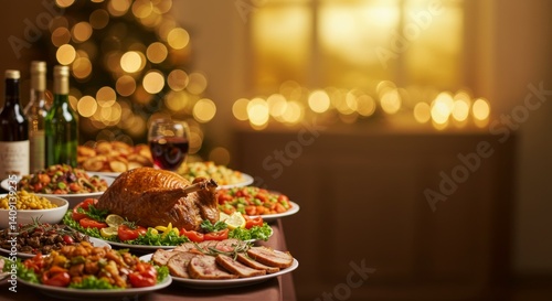 Festive holiday table beautifully arranged with roasted turkey, colorful side dishes, and wine, creating a warm and inviting atmosphere