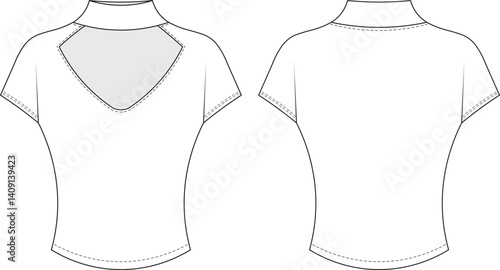 high neck short sleeve cap sleeve low cut cutout fit blouse top tshirt tee template technical drawing flat sketch cad mockup fashion woman design style model 

