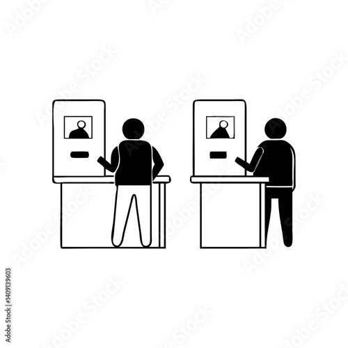 People voting at electronic booths in black and white style