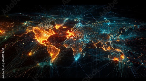 World map with illuminated connecting lines against dark background for design use