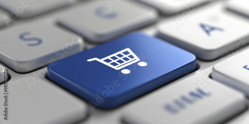 Blue button with a shopping cart icon on a white keyboard, representing an online store or e-commerce concept.