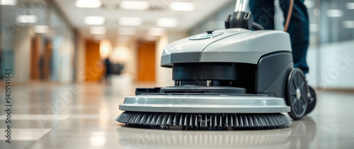 Cleaning professional operating floor scrubber machine in modern office building