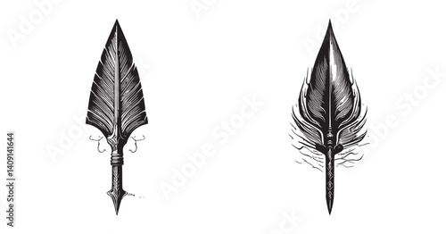 Intricate Feather Style Spear Designs for Unique Artwork Ideas, logo design, engraving design, vector illustration