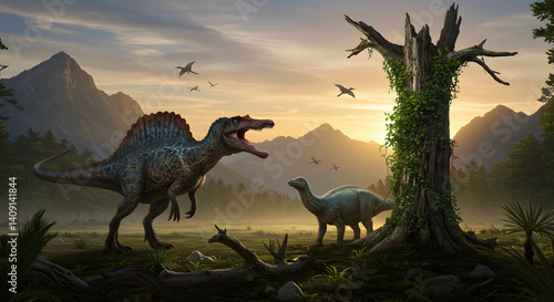 Spinosaurus roars menacingly in a Jurassic landscape