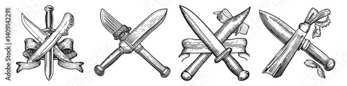 Vintage Knives and Swords Collection with Ribbons and Decorations, logo design, engraving design, vector illustration, logo design, engraving design, vector illustration