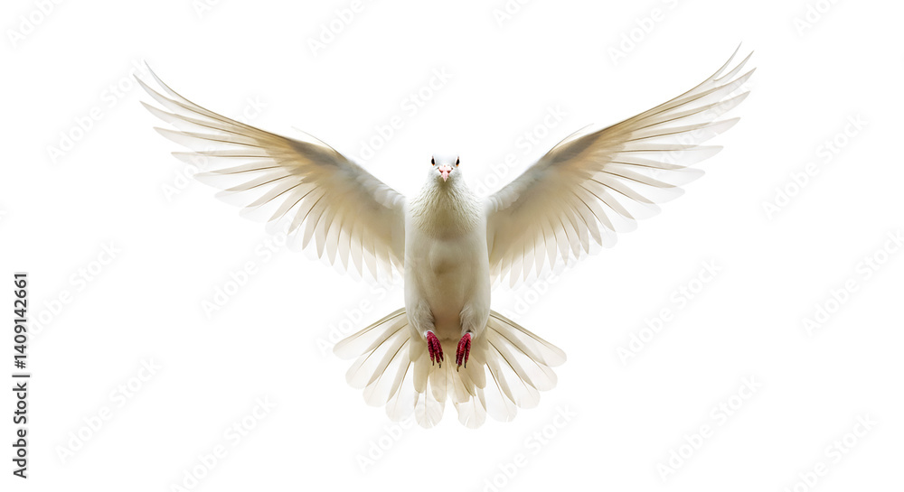 Fototapeta premium A white dove with outstretched wings against a black background in a centered close up shot