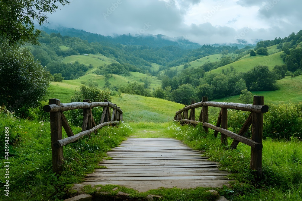 Wooden bridge over the river in the forest. Summer landscape. Wooden bridge over the river in the forest. Summer landscape.