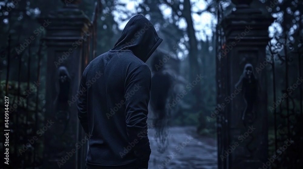 Mysterious figure at gothic gates, ghostly figures in background, dark moody scene Mysterious figure at gothic gates, ghostly figures in background, dark moody scene