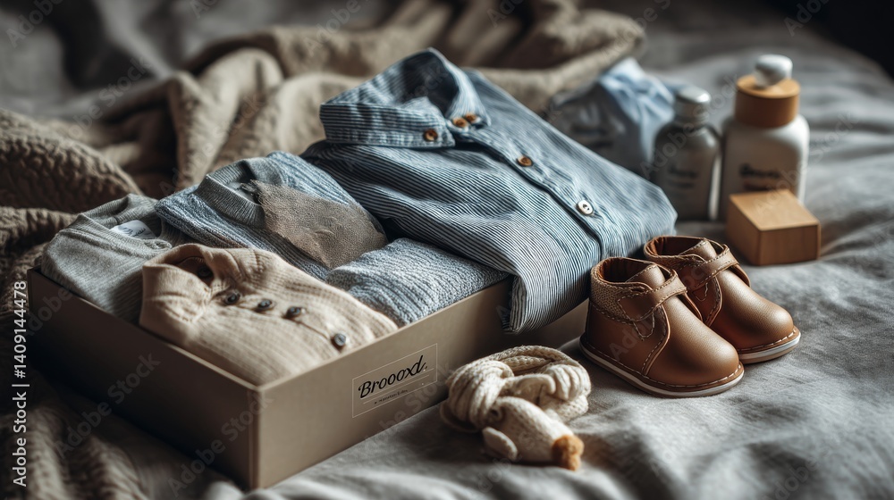 Fototapeta premium Box on bed with baby clothes, shoes, and accessories. Newborn gift concept.
